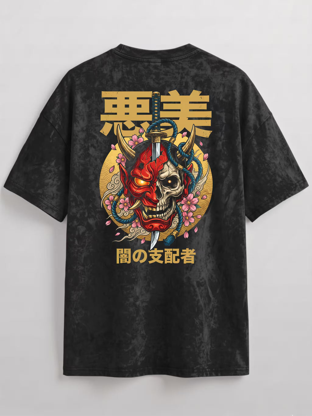 Oni Skull Acid Wash Oversized T-Shirt – Japanese Samurai Demon Graphic Tee for Men