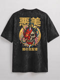 Oni Skull Acid Wash Oversized T-Shirt – Japanese Samurai Demon Graphic Tee for Men