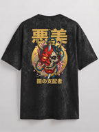 Oni Skull Acid Wash Oversized T-Shirt – Japanese Samurai Demon Graphic Tee for Men