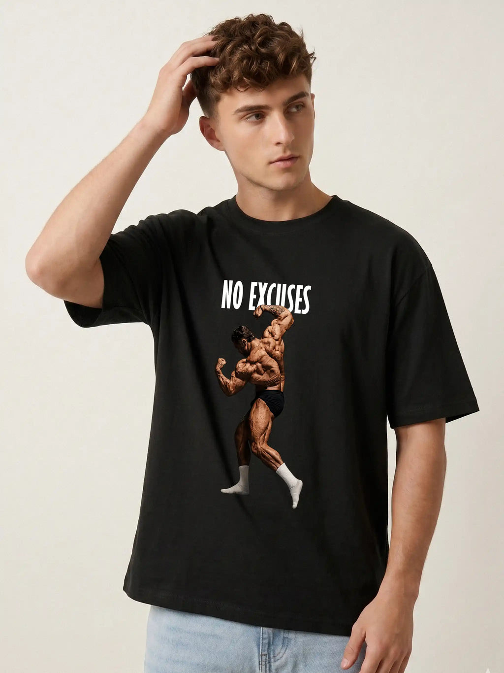 No Excuses Gym Oversized Drop Shoulder Motivational Graphic Tee