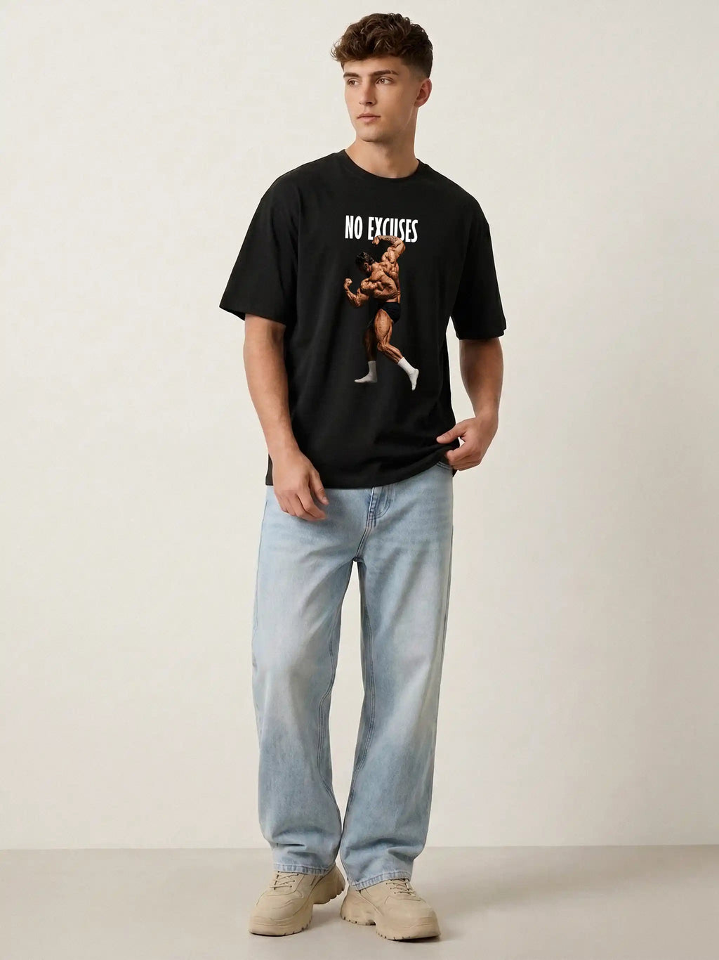 No Excuses Gym Oversized Drop Shoulder Motivational Graphic Tee