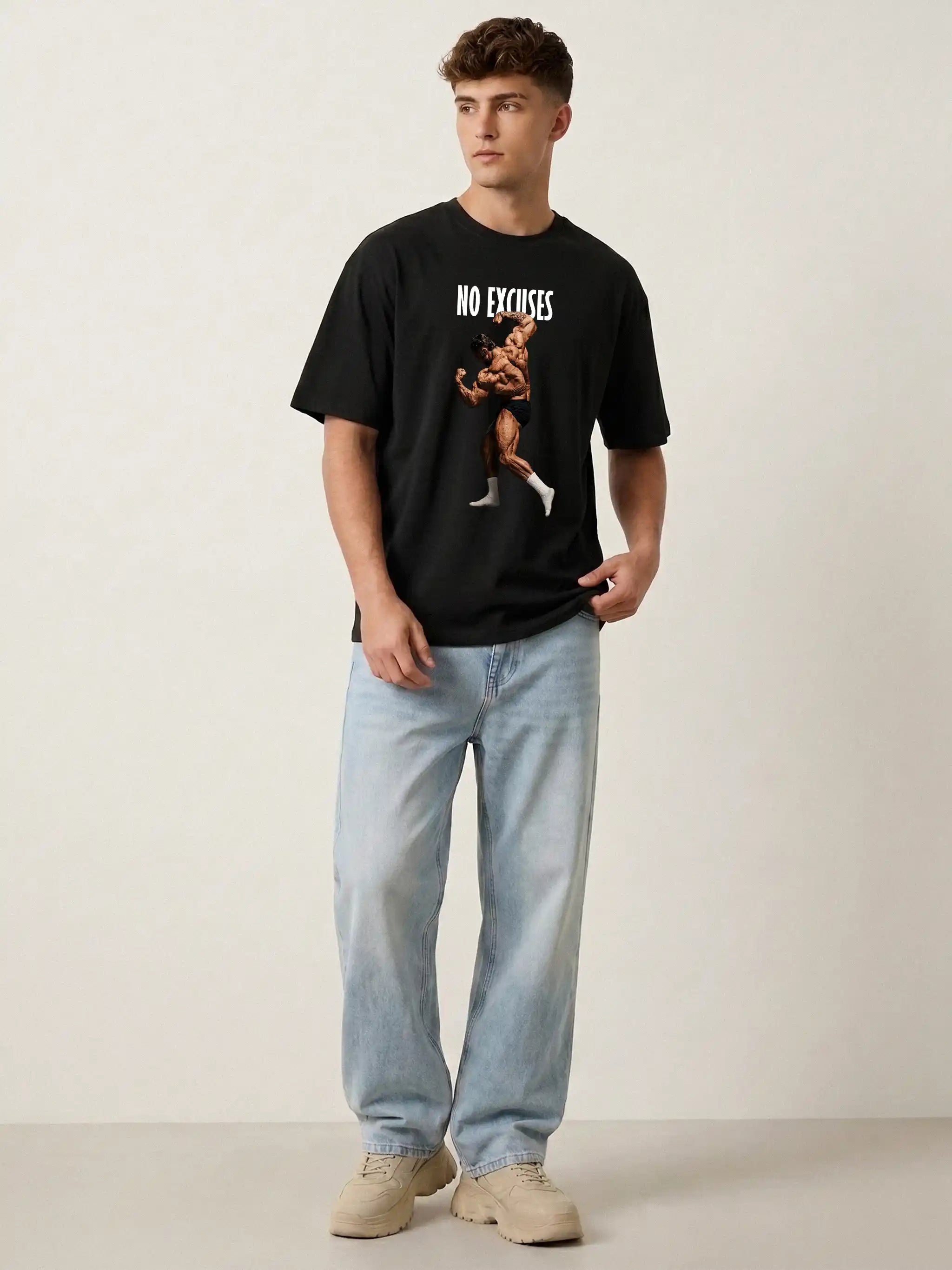 No Excuses Gym Oversized Drop Shoulder Motivational Graphic Tee