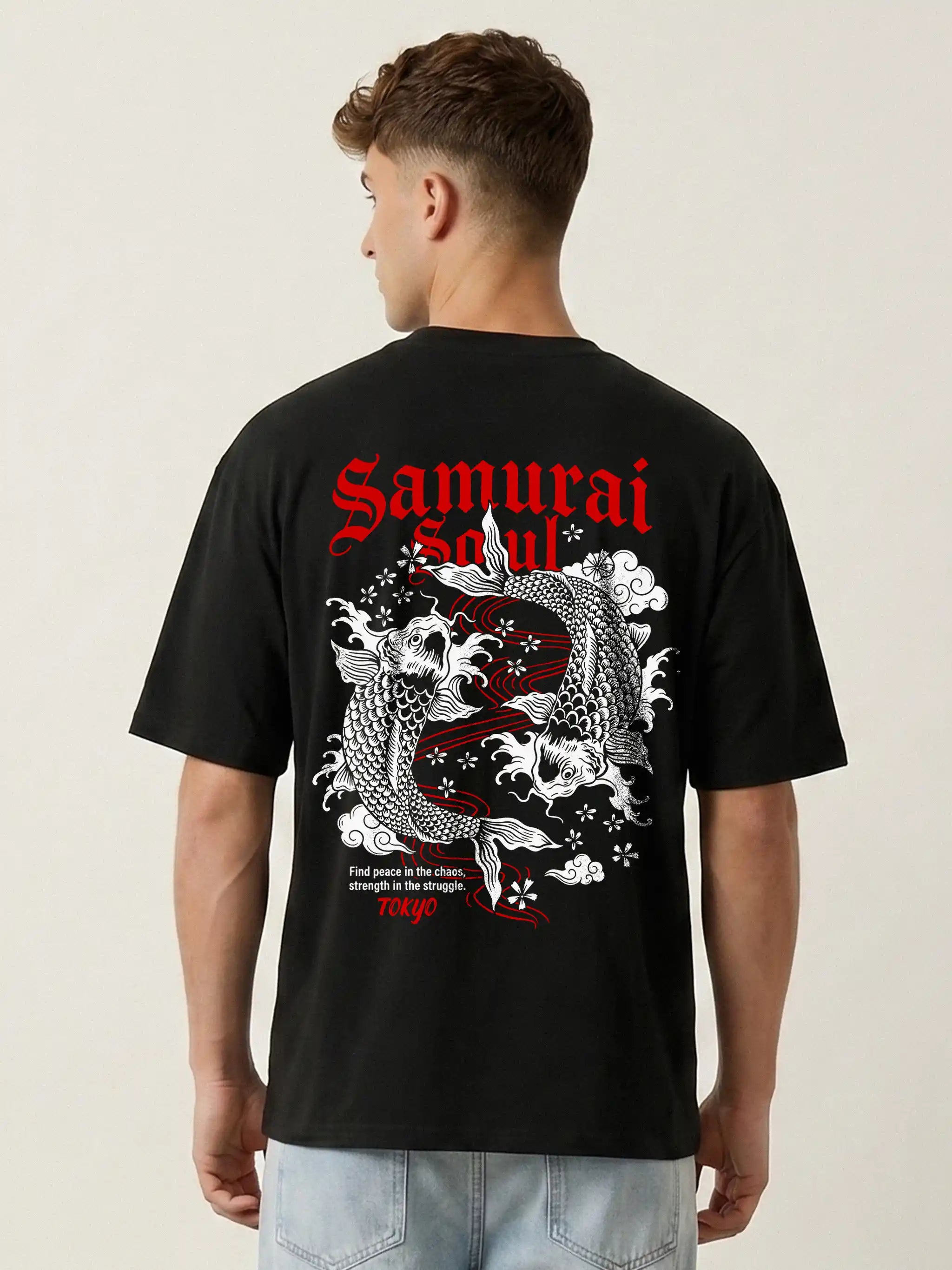 Samurai Soul Koi Fish Oversized Drop Shoulder Japanese Streetwear Tee