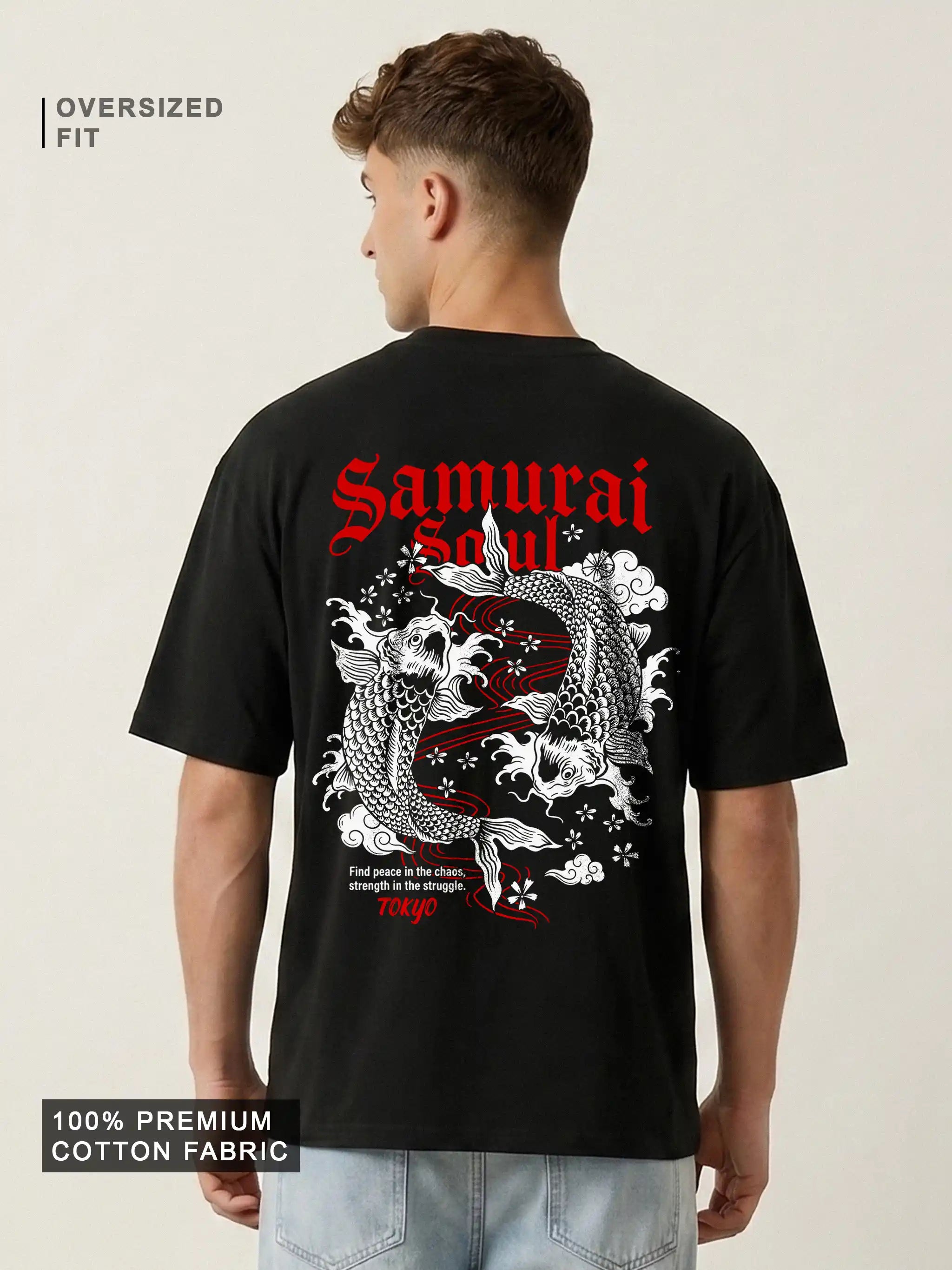 Samurai Soul Koi Fish Oversized Drop Shoulder Japanese Streetwear Tee