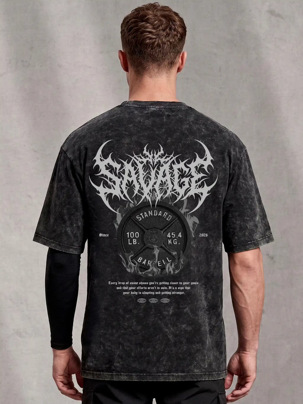Savage Acid Wash Oversized Drop Shoulder Gym Graphic Streetwear Tee