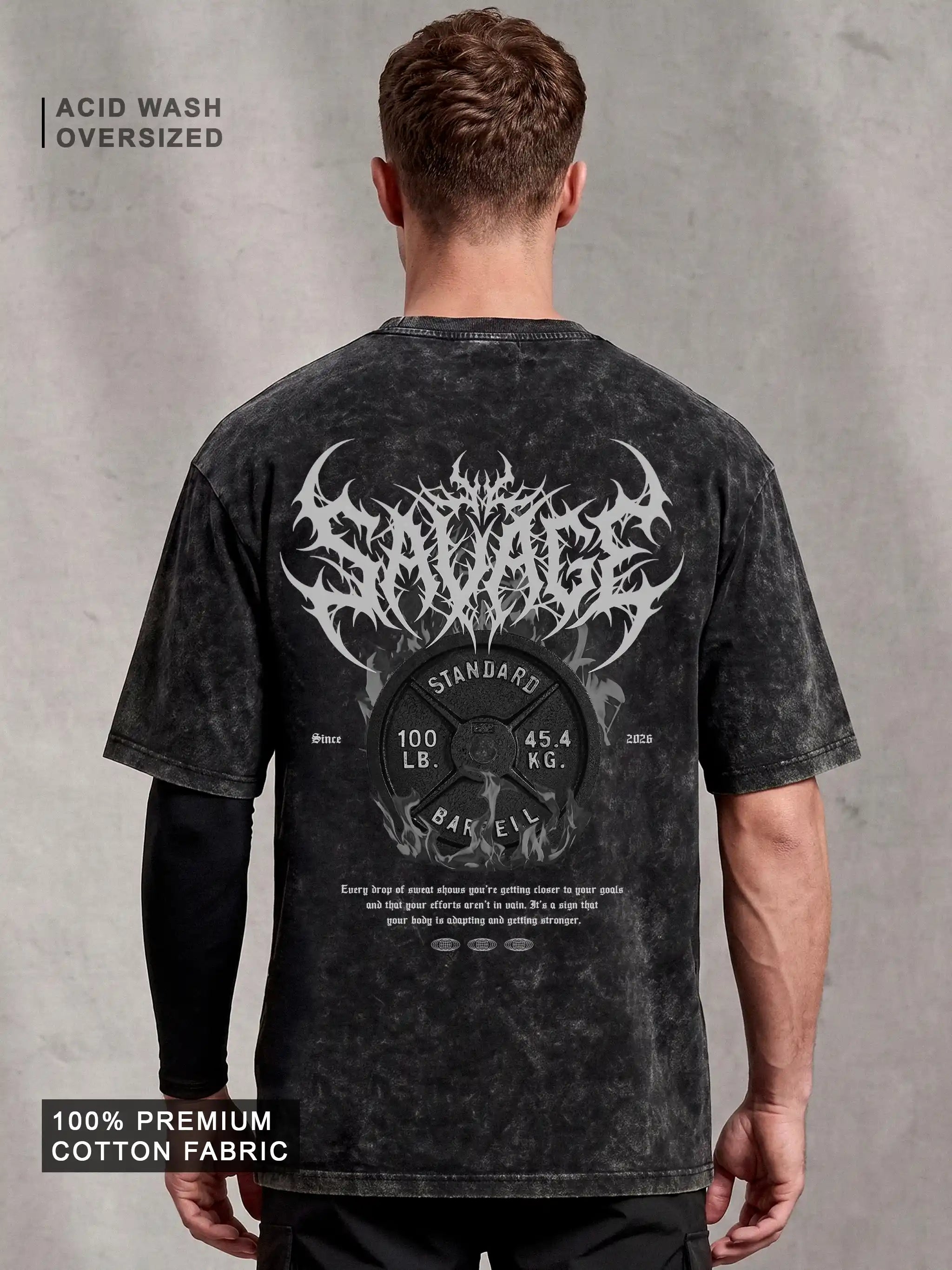 Savage Acid Wash Oversized Drop Shoulder Gym Graphic Streetwear Tee