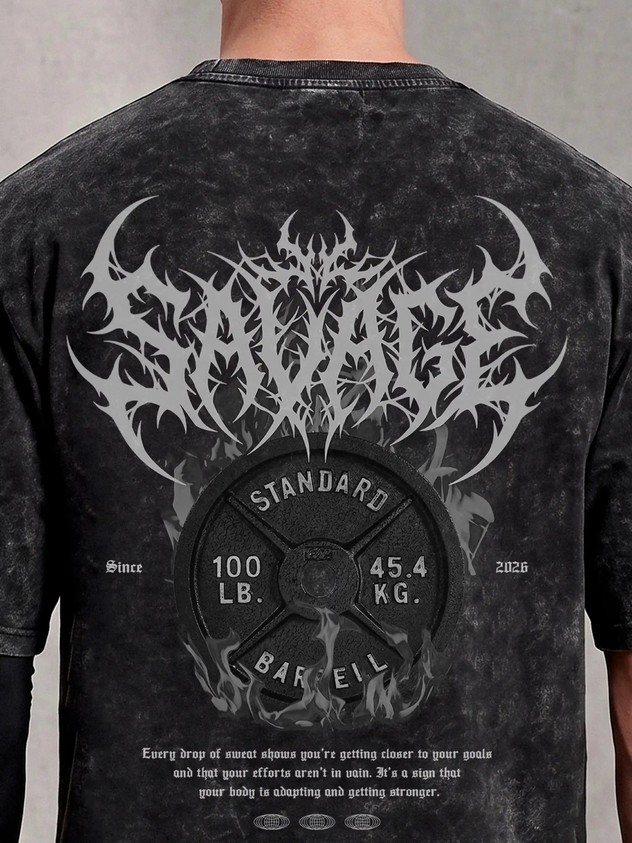 Savage Acid Wash Oversized Drop Shoulder Gym Graphic Streetwear Tee