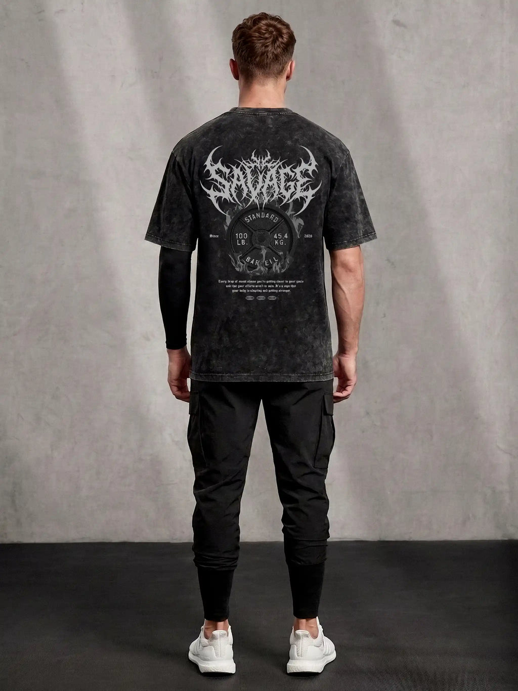Savage Acid Wash Oversized Drop Shoulder Gym Graphic Streetwear Tee