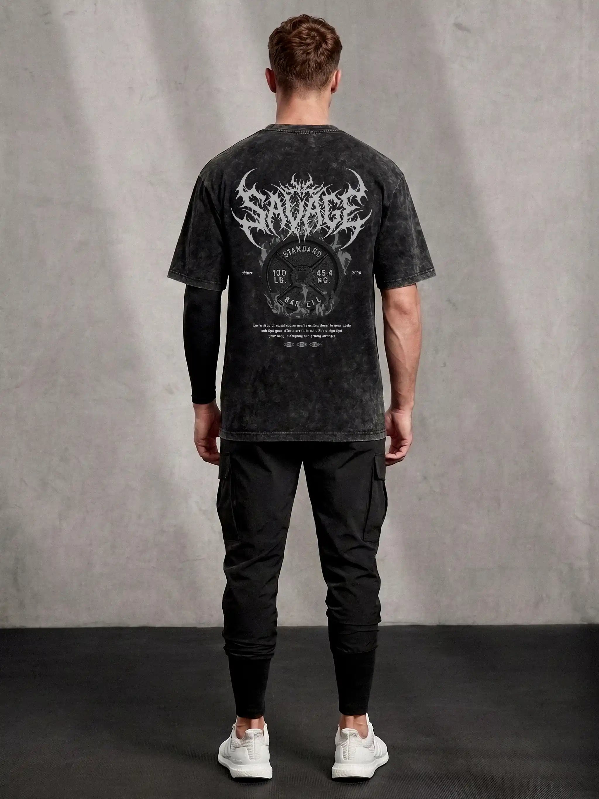 Savage Acid Wash Oversized Drop Shoulder Gym Graphic Streetwear Tee